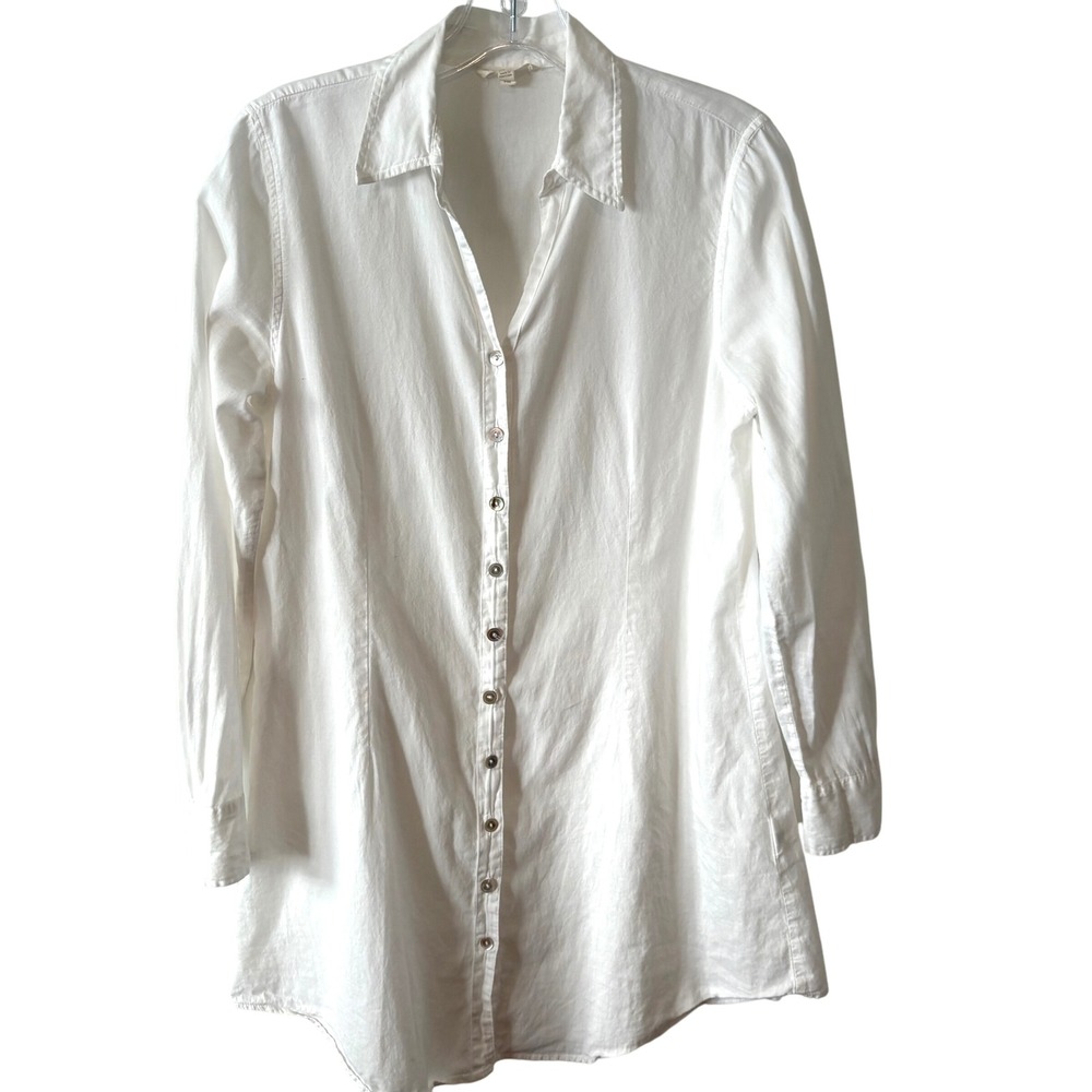 Eileen Fisher Women's White Button Front Organic Cotton Tunic‎ Shirt in Size PM
